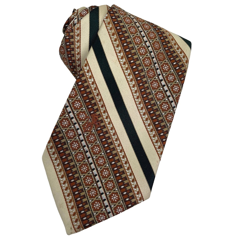 Vintage Bronzini Necktie Men Brown Tan Green Floral Striped Tie 1970s Mod Retro